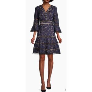 Shani Floral Jacquard Lattice Trim Fit & Flare Midi-Dress in Black/Blue NWOT Siz